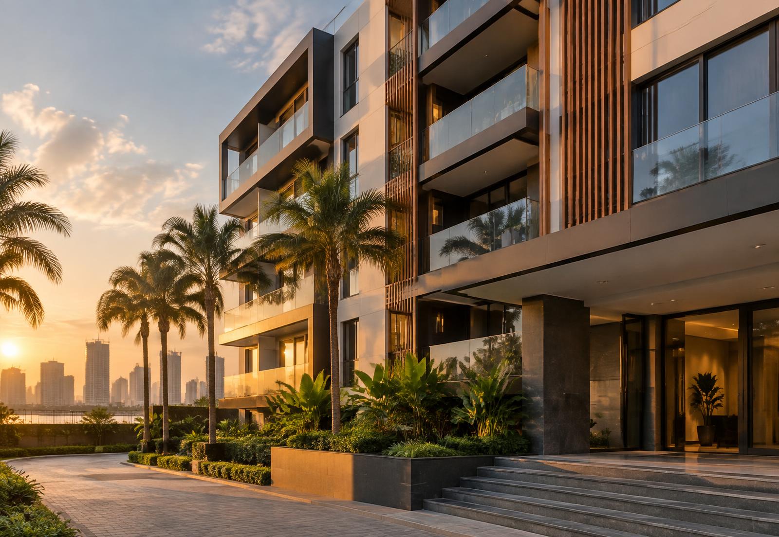 Modern apartment building at golden hour